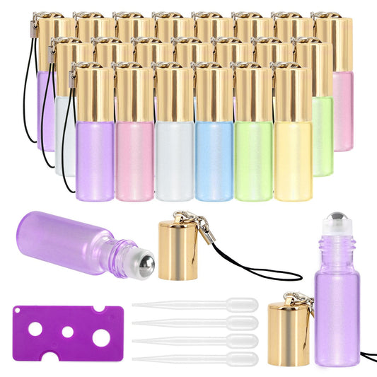 Mavogel Essential Oil Roller Bottles - 24 Pack 5ml Pearl Colored Glass Bottles with Stainless Steel Roller Ball, Essential Oil Key Opener and Droppers Included