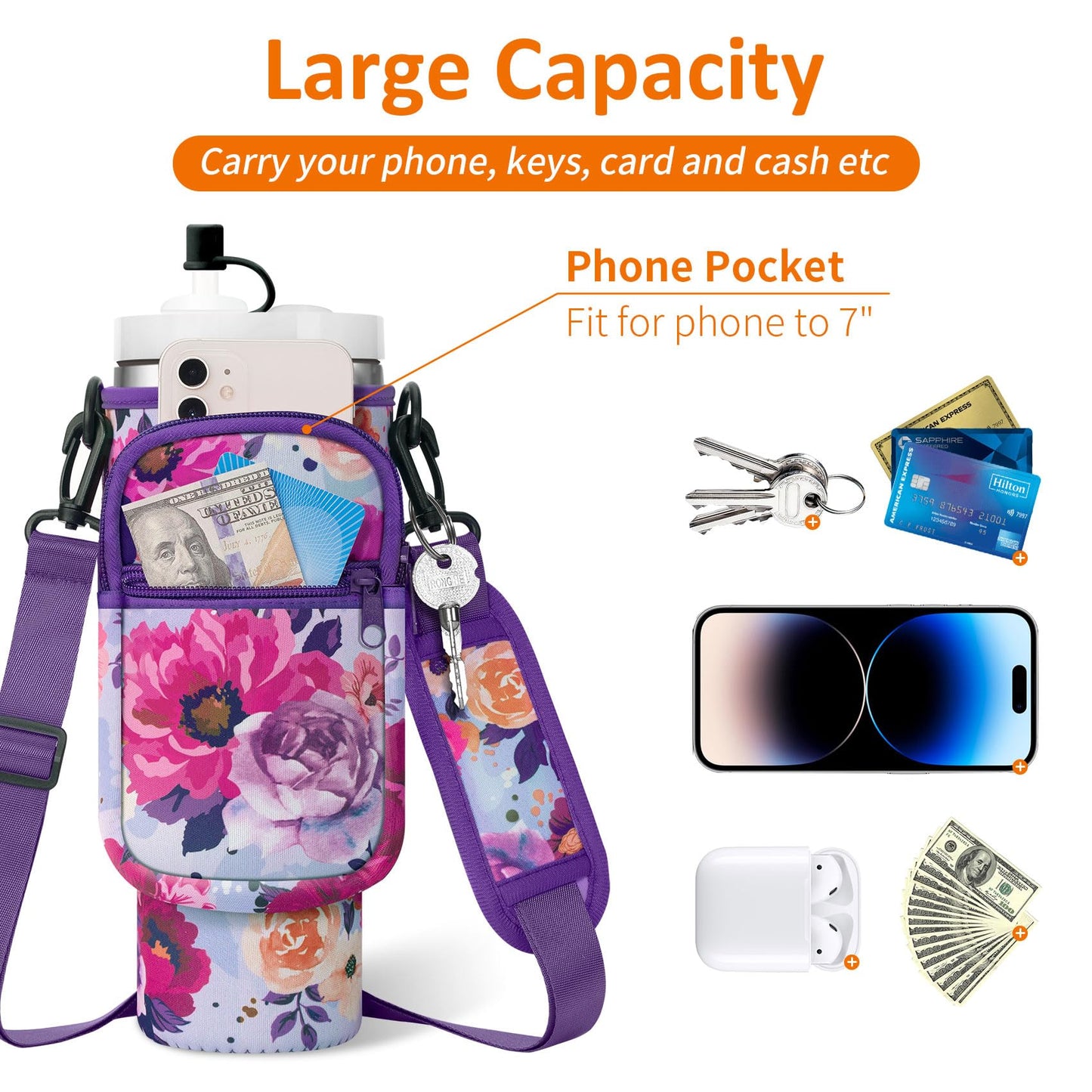 AceTreker Water Bottle Sling Bag with Paracord Handle for Stanley 30/40 oz Tumbler Insulated Thermos Car Mug Carrier Pouch with Phone Pocket & Straw Cap for Stanley Cup Accessories-Purple Rose