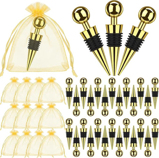 24 Pcs Gold Wine Stoppers Bulk Wine Saver Wedding Party Gifts Favors for Guests Stainless Steel Bottle Stopper Wine Corks Beverage Vacuum Silicone Stopper with Sheer Bags for Wedding Bar