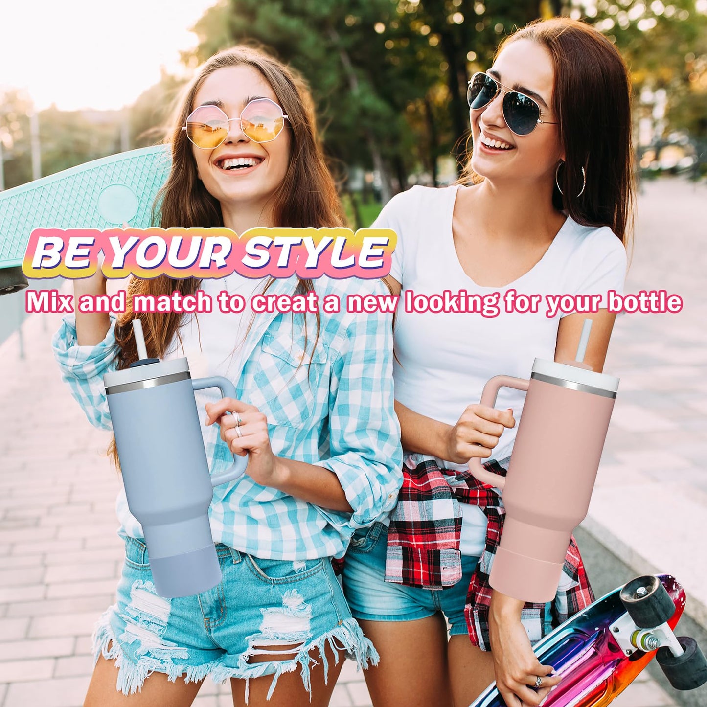 WK IEASON 2 Pcs Tumbler Bottom Protector Boot for Stanley Quencher Adventure 40oz & Stanley IceFlow 20oz 30oz and Compatible with Hydro Flask Water Bottle 12oz 21oz 24oz (Chambray/pink dusk)