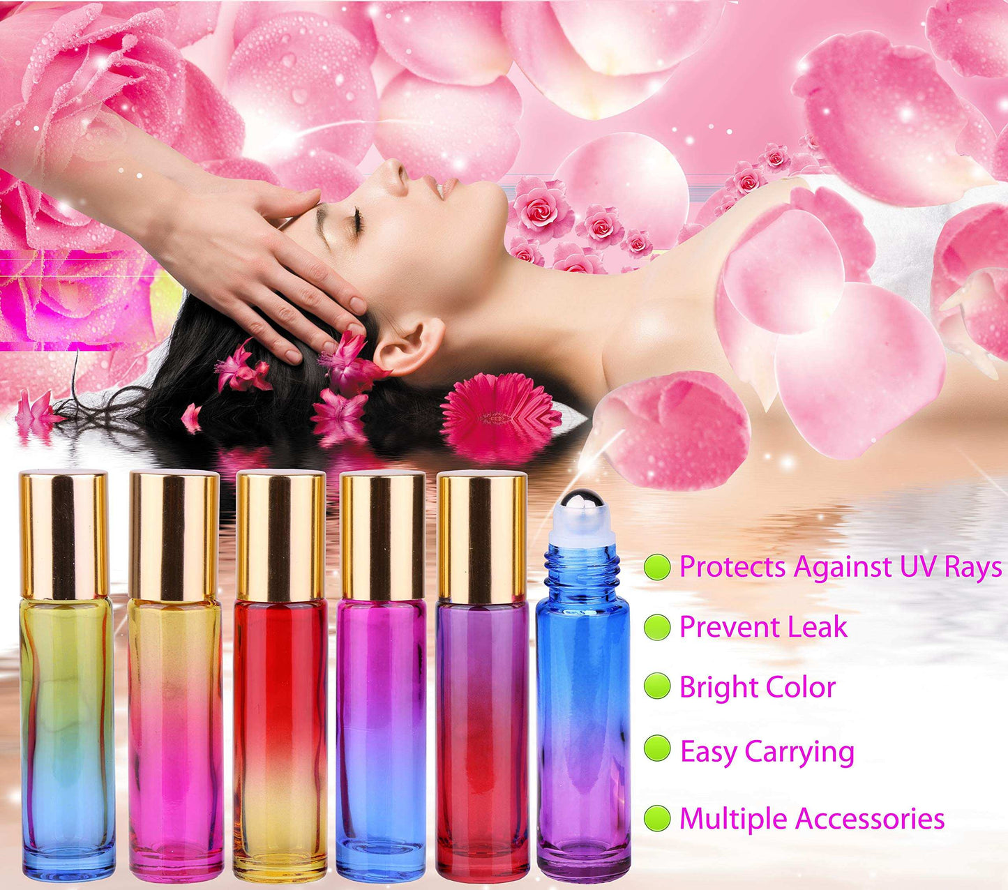 inice 4 Pack 10ml Roller Bottles for Essential Oils,Gradient Color Glass Bottle Roll on Stainless Steel Ball with Golden Metal Cap