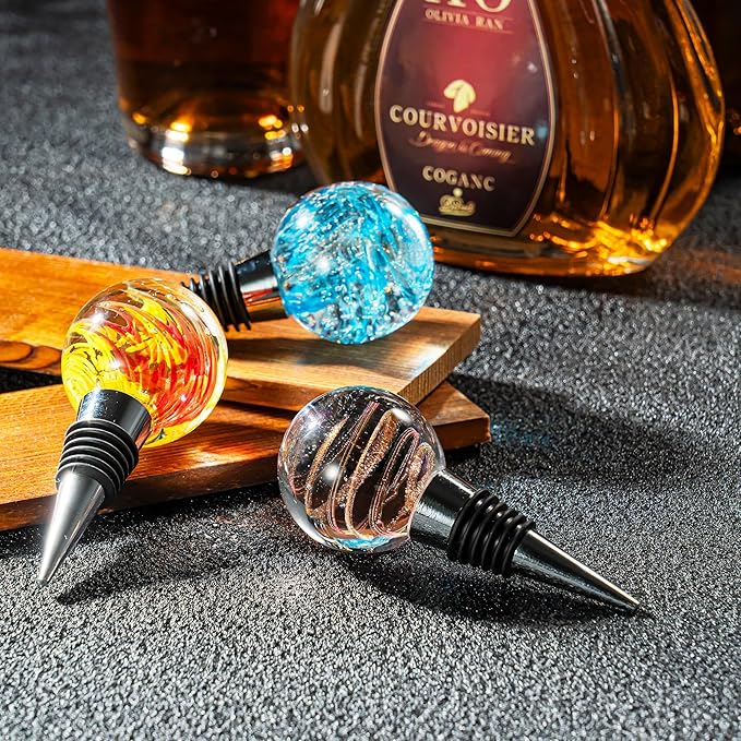 Hand Blown Glass Wine Stopper Bottle Stopper 2PCS - Wine Saver, Reusable Wine Corks for Beverage, Stainless Steel Wine Stopper