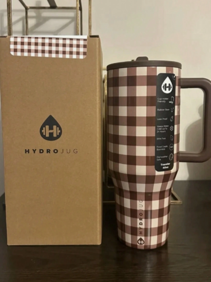 ACTA Hydrojug ,40oz Traveler Coconut Brown Gingham Limited Edition Water Bottle With Handle & Flip Straw - Fits In Cup Holder, Leak Resistant Tumbler